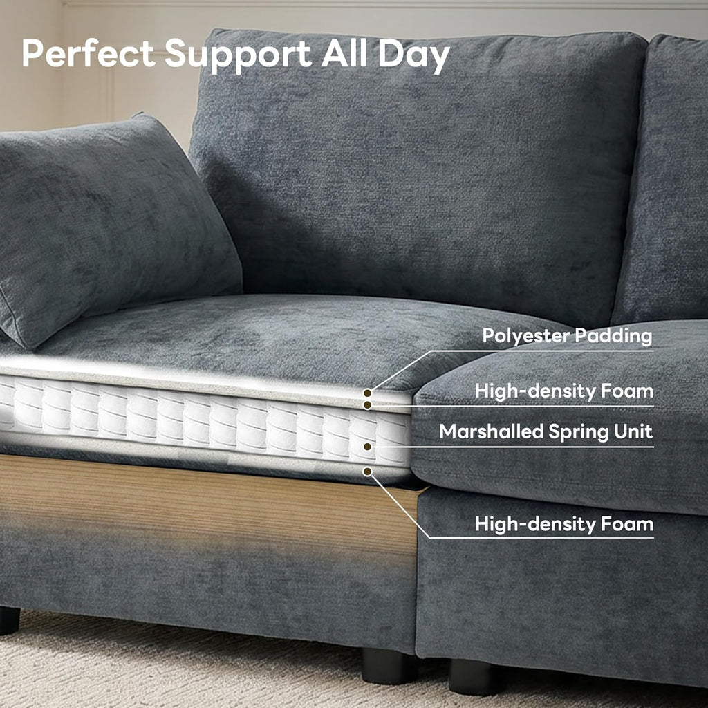Sectional Couch , Comfy L Shaped Convertible Sofa, 4 Seater Modern Chenille Sofa with Ottoman, Grey