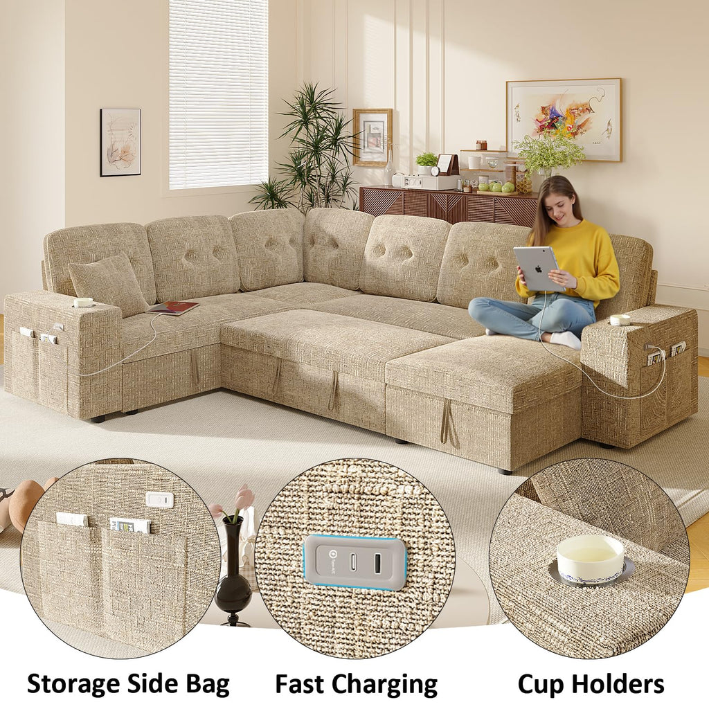 Modular Sectional Sleeper Sofa with Pull Out Bed, 108 Inch U Shaped 7 Seat Couches, Chenille Fabric Cloud Couch Bed