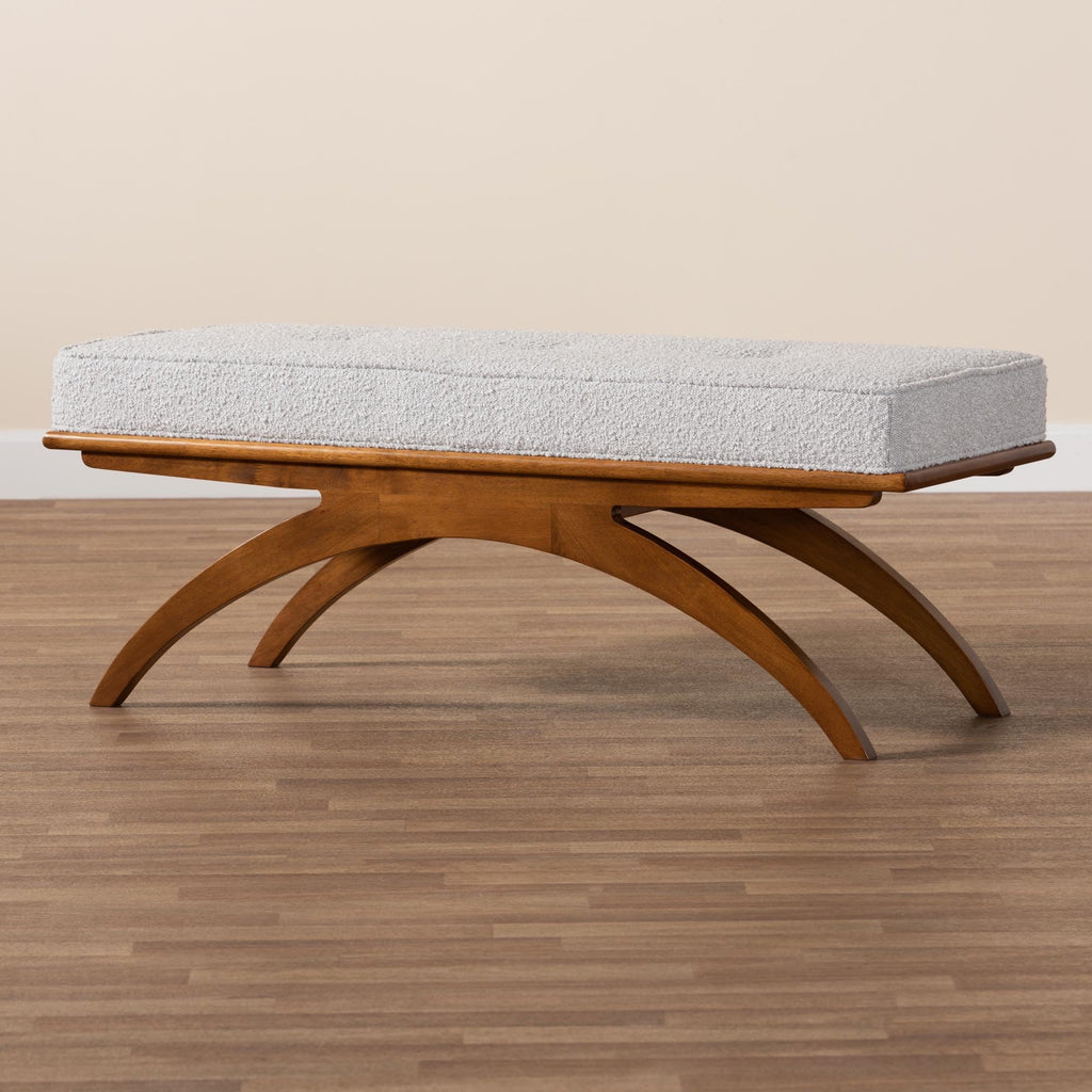 Orella Japandi Light Grey Boucle Fabric and Walnut Brown Finished Wood Bench