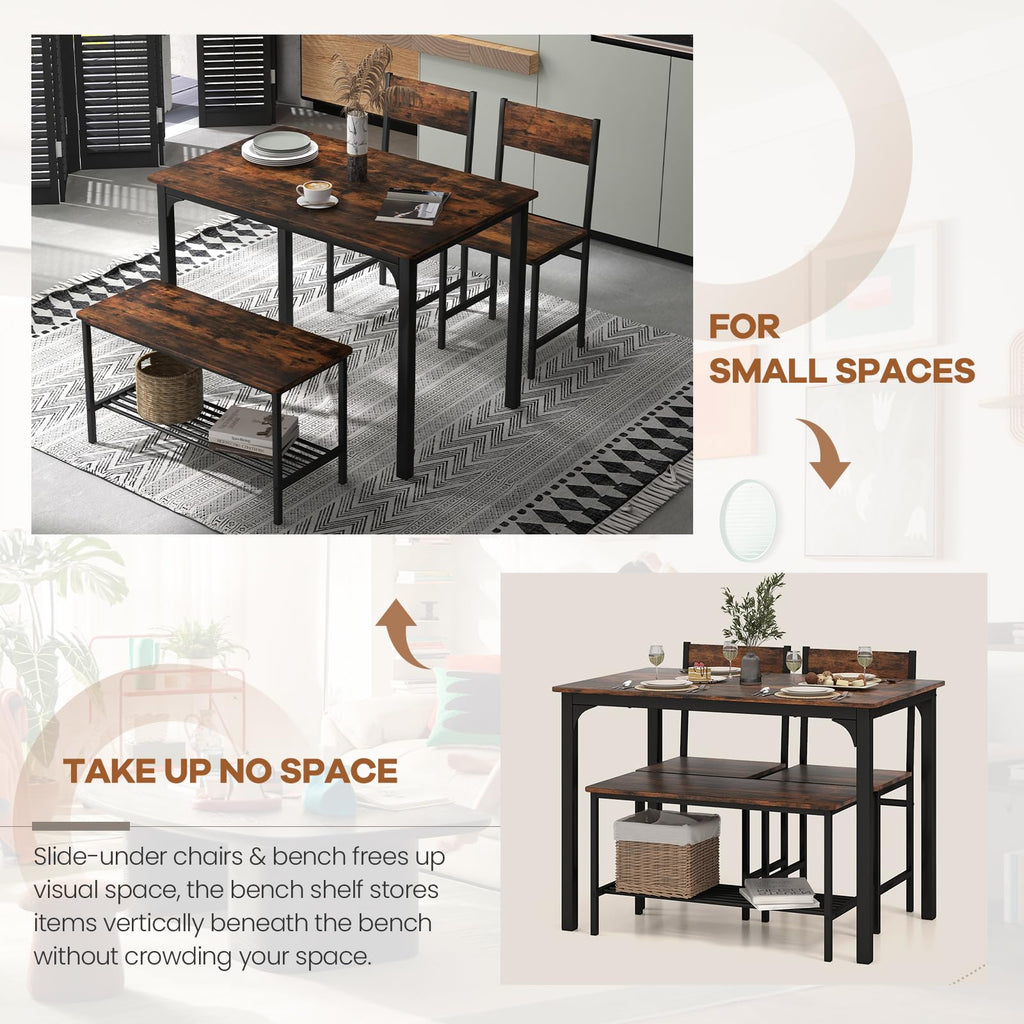 Small Dining Table Set for 4 with Bench, Industrial Kitchen Table and Chairs, Rustic Brown Wood & Black Metal 4-Piece