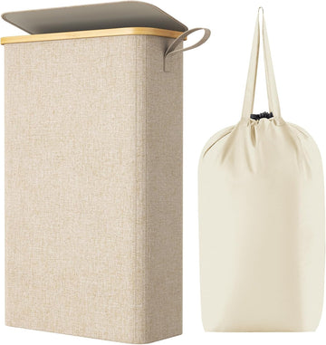 65L Slim Laundry Hamper with Lid, Narrow Laundry Basket with Removable Bag & Bamboo Handles, Fodable Thin Dirty
