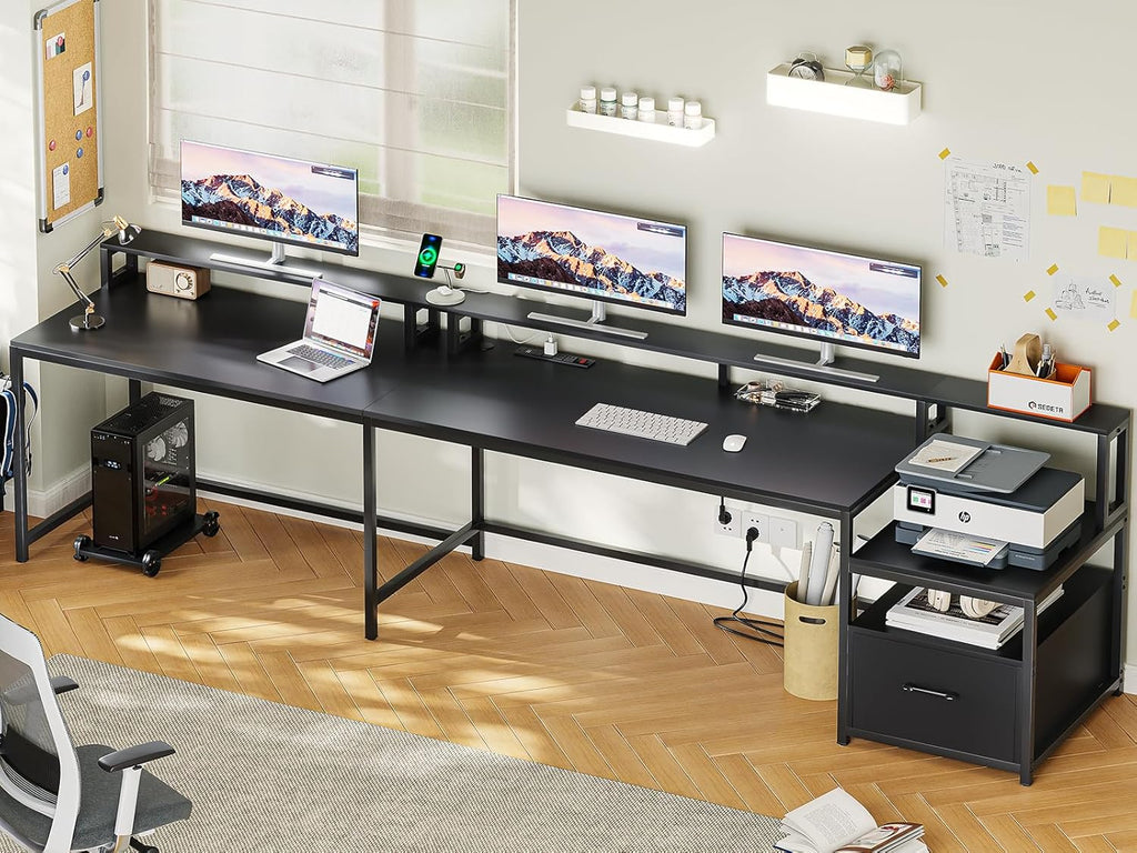 L Shaped Gaming Desk, 66" Home Office Desk with Wood File Drawer & Power Outlet