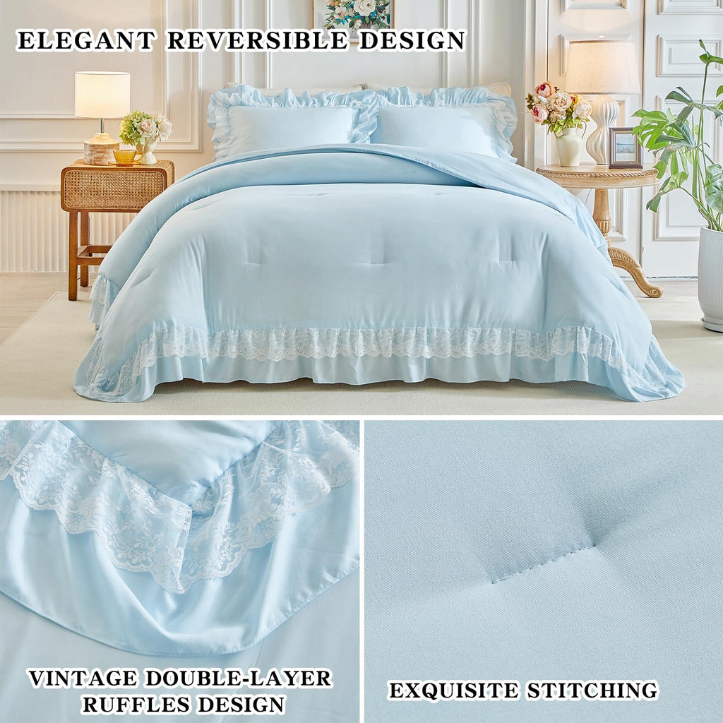 King Size Comforter Set Blue, 3pcs Lace Ruffled Bedding Comforter Set, Microfiber Vintage Boho Chic Bedding Set for