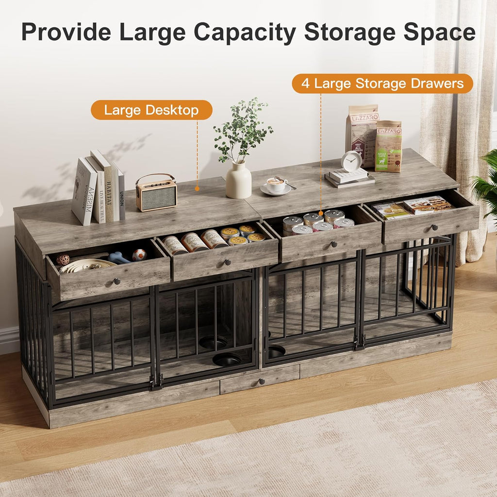 Dog Crate Furniture for 2 Dogs, Dog Kennel Indoor with 4 Storage Drawers and Feeding Bowls