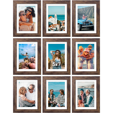 5x7 Picture Frames Set of 9, Shatter Resistant Plexiglass, Display 4x6 Pictures with Mat or 5x7 without Mat, Photo
