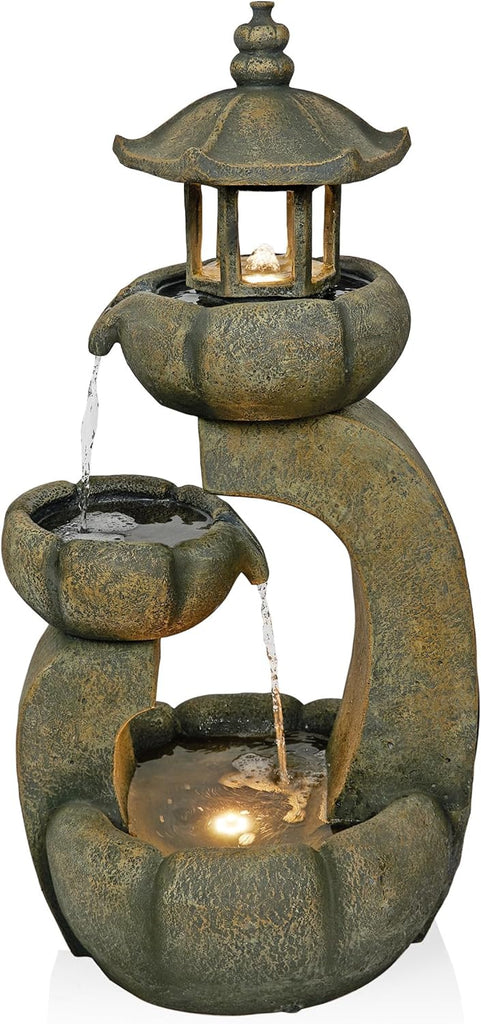 32" Tall 2-Layer Pagoda Polystone Fountain with LED Lights, Cascading Waterfall, Outdoor Garden and Patio Water