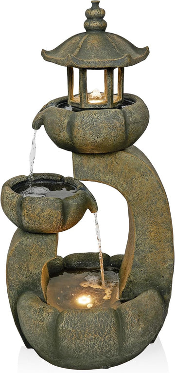 32" Tall 2-Layer Pagoda Polystone Fountain with LED Lights, Cascading Waterfall, Outdoor Garden and Patio Water