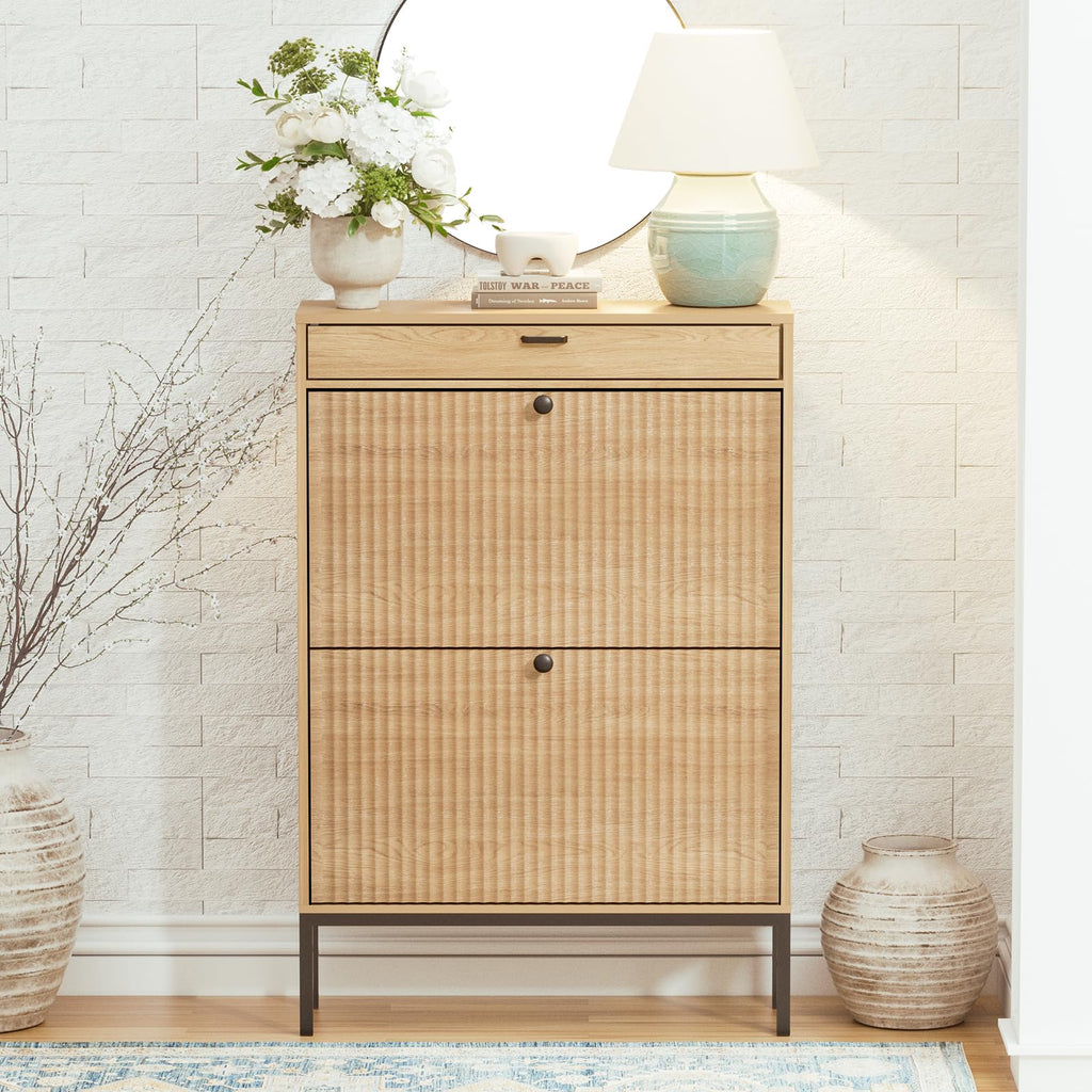 Shoe Cabinet with Fluted Panel Doors, Modern 2 Flip Drawer Entryway Shoe Organizer, Hidden Shoe Rack with Small