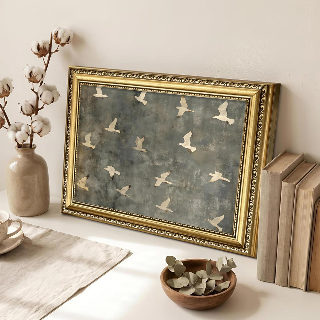 Gold Framed Flying Bird Wall Art, Vintage White Dove Print, 16x12in