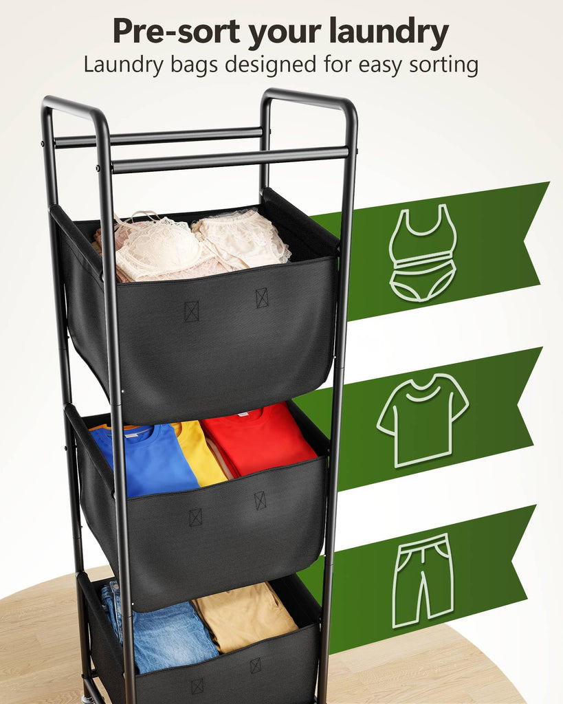 3 Section Laundry Sorter with Removable Bags, 120L Rolling Vertical Laundry Hamper, Stackable Laundry Baskets