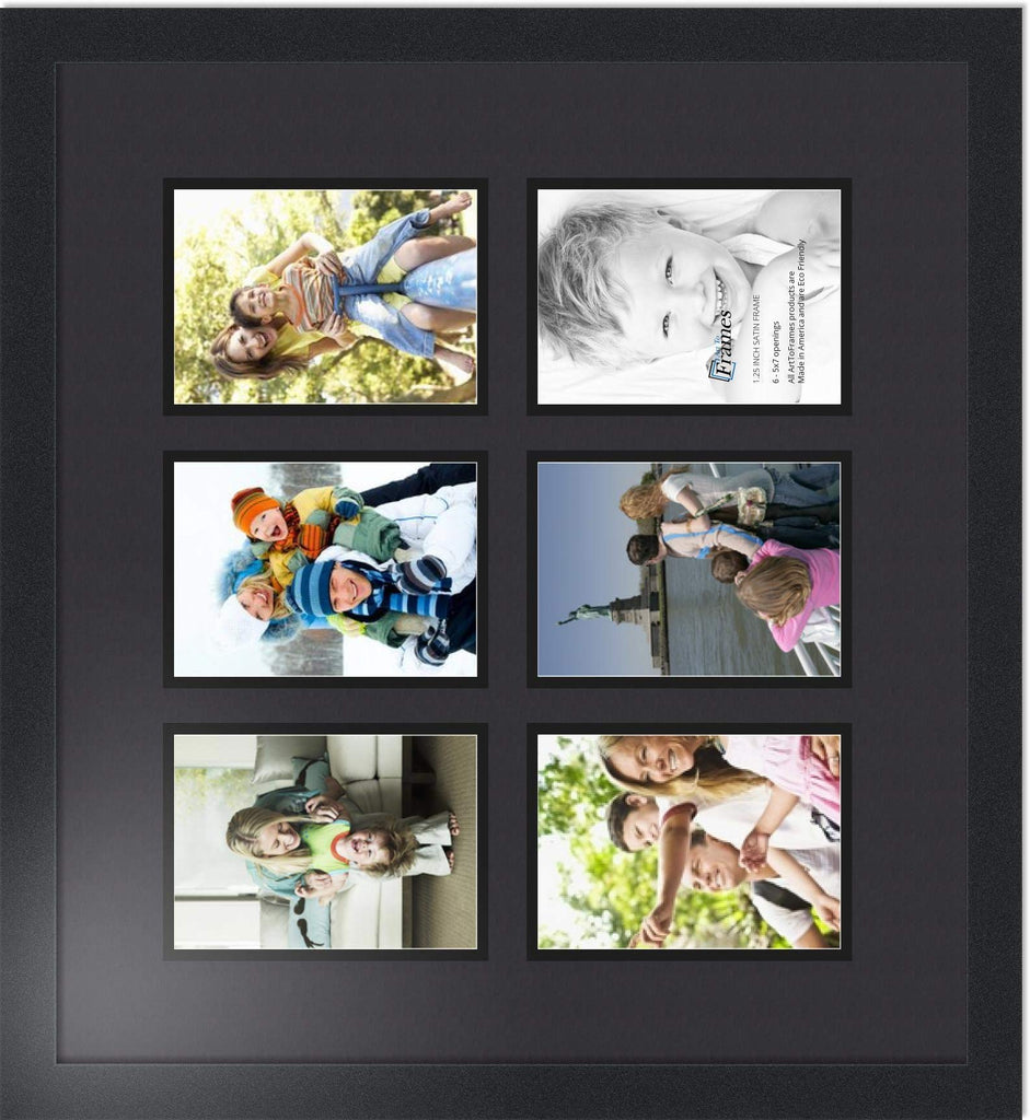 Collage Photo Frame Double Mat with 6-5x7 Openings with Satin Black Frame and Black mat.