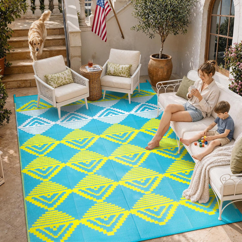 Outdoor Rug Waterproof, Reversible Outdoor Patio Rug for Backyard, Deck, Blue Yellow