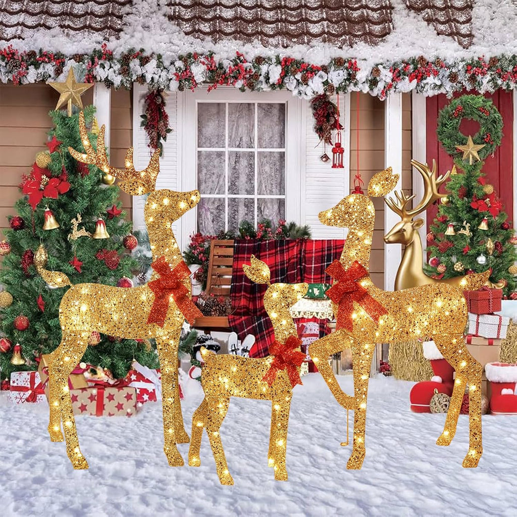 3-Piece 2D Lighted Christmas Deer Family Set - Large Outdoor Yard Reindeer Holiday Decoration with 145 LED Lights