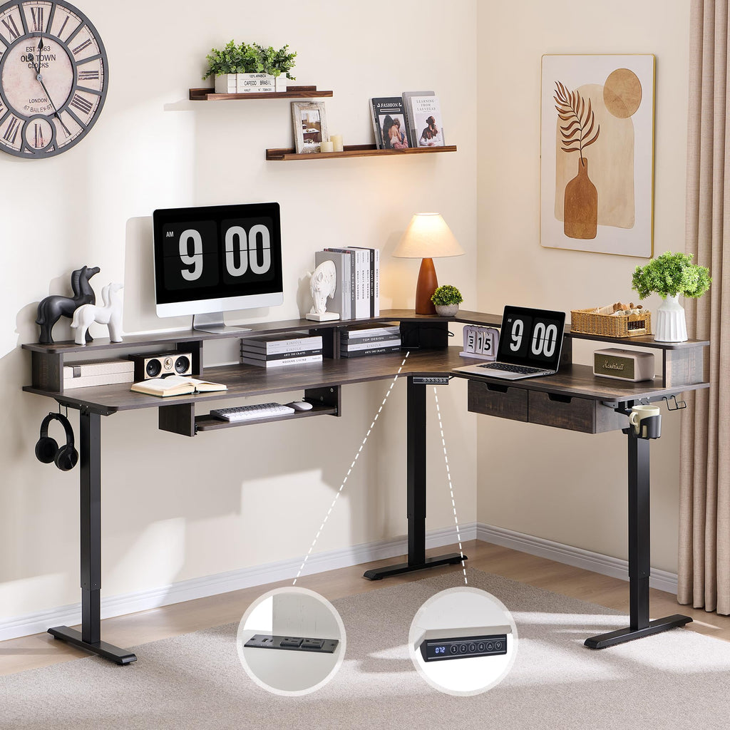 75x60 Inches L Shaped Electric Standing Desk, Dark Rustic Oak