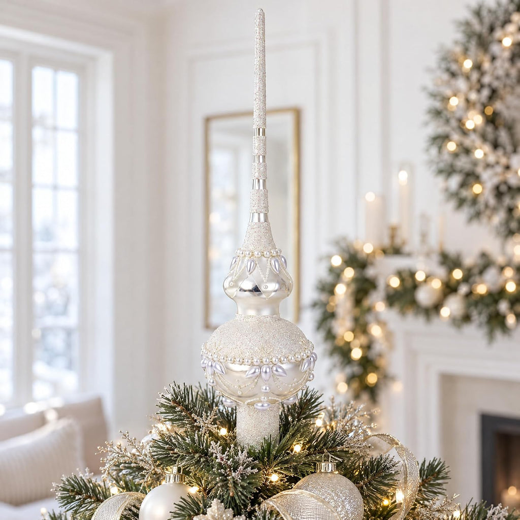 Pearl Drops on White Chandelier Clear Glass Christmas Tree Topper 11 Inches