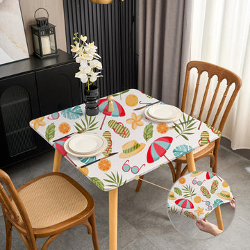 Summer Non Slip Wrinkle Free Fitted Small Square Tablecloth 34x34 Inch - Beach Umbrella and Flip-Flops Spandex Table