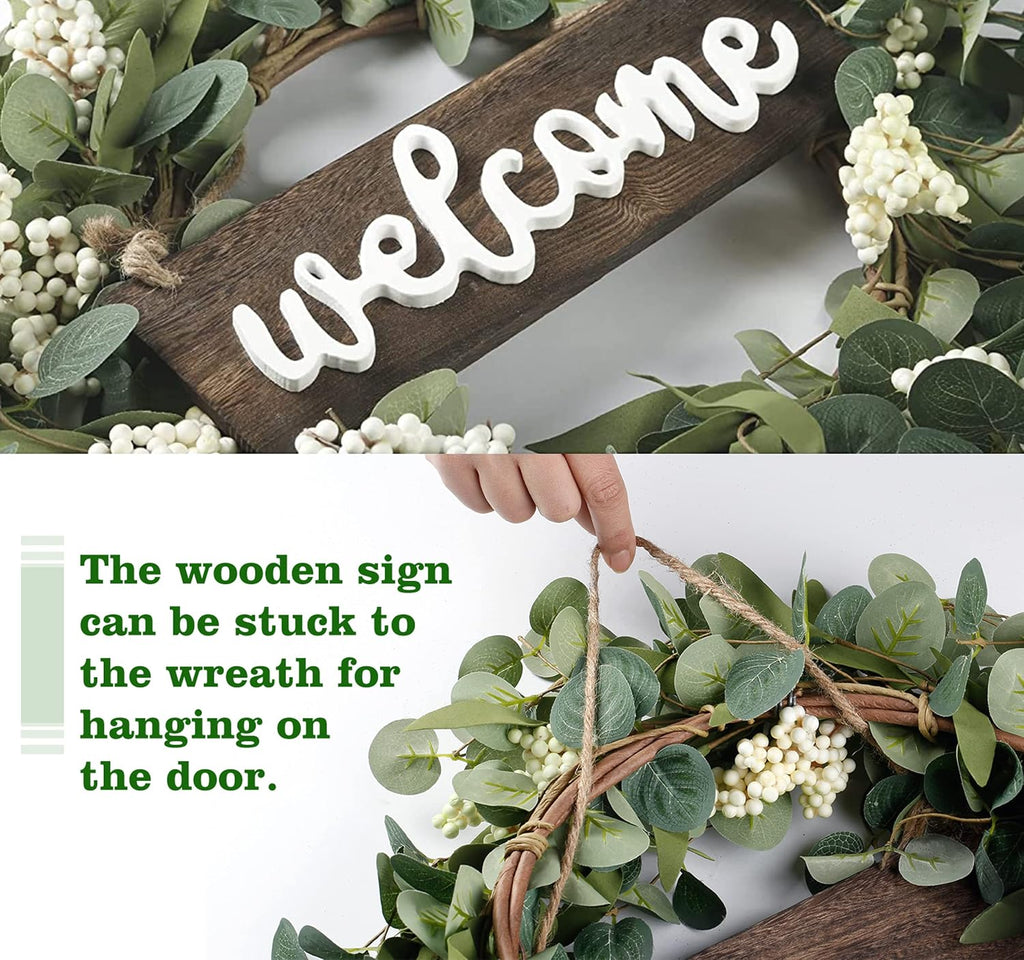 Green Eucalyptus Wreath with Welcome Sign 20in Artificial Spring Summer White Berries for Front Door Wall Window