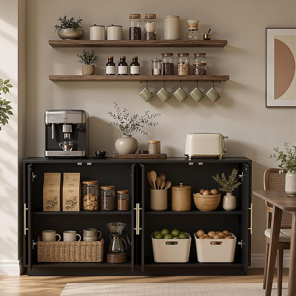 67" Sideboard Buffet Cabinet with Storage, Arched Doors, Black | Modern Minimalist Accent Cabinet with Wood Gain