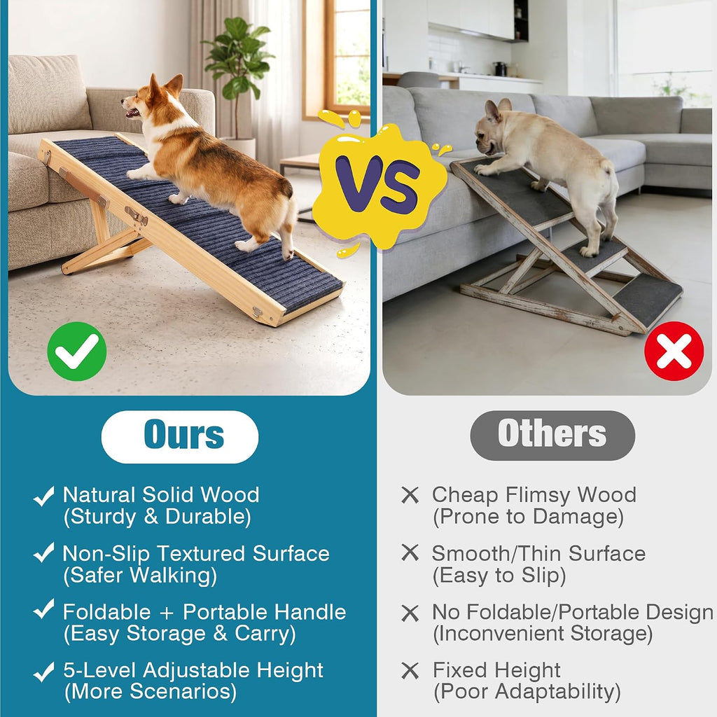 Dog Ramp for Bed, 24" H Adjustable Folding Ramp for Dogs to Get on Bed, Solid Wood Dog Ramps for Small & Medium Dogs