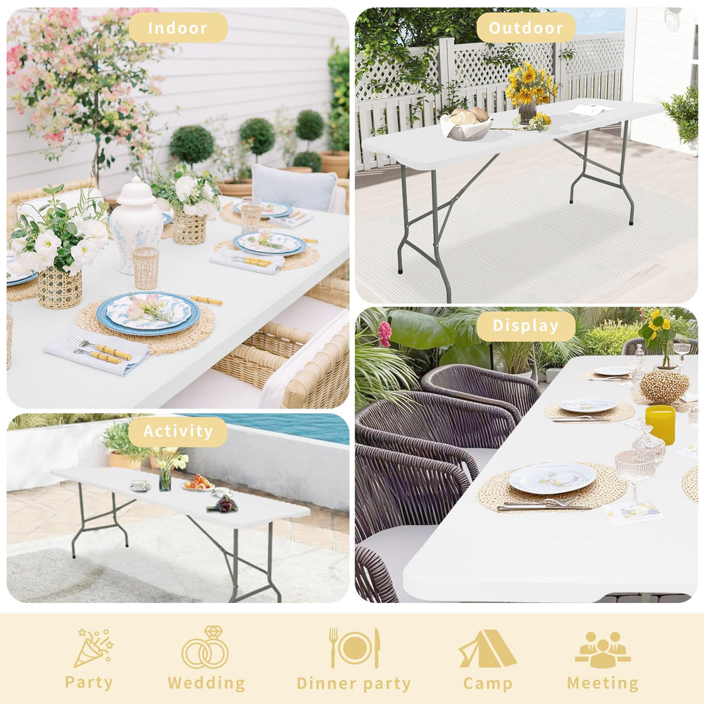 Folding Table 6 FT Lightweight Camping Table White Portable Plastic Rectangular Outdoor Dining Table Steel Legs
