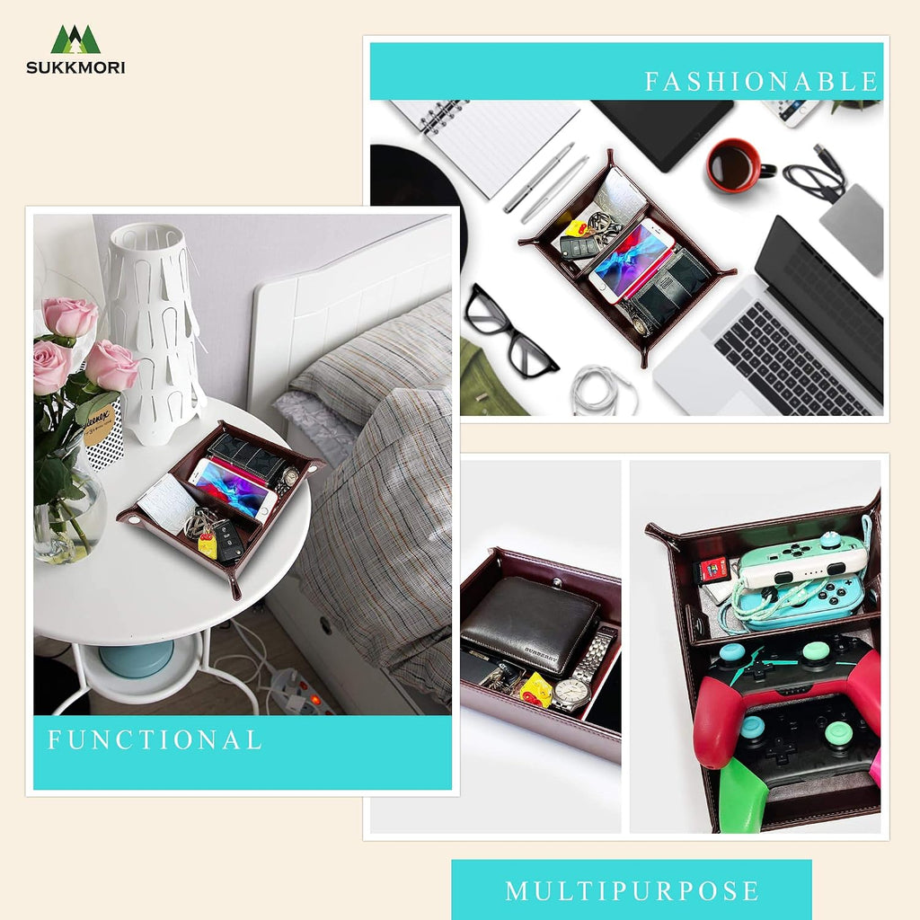 Valet Tray for Men and Women - PU Leather Nightstand Organizer with Desk Catchall Tray, Dresser Box for Keys, Jewelry