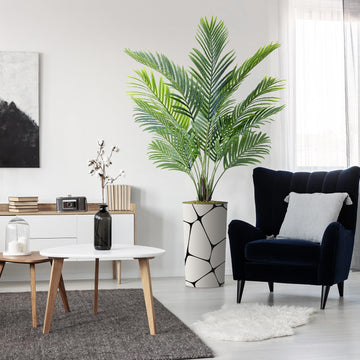 Artificial Tree in Geometric Pattern Planter, Fake Areca Tropical Palm Silk Tree for Indoor and Outdoor Home