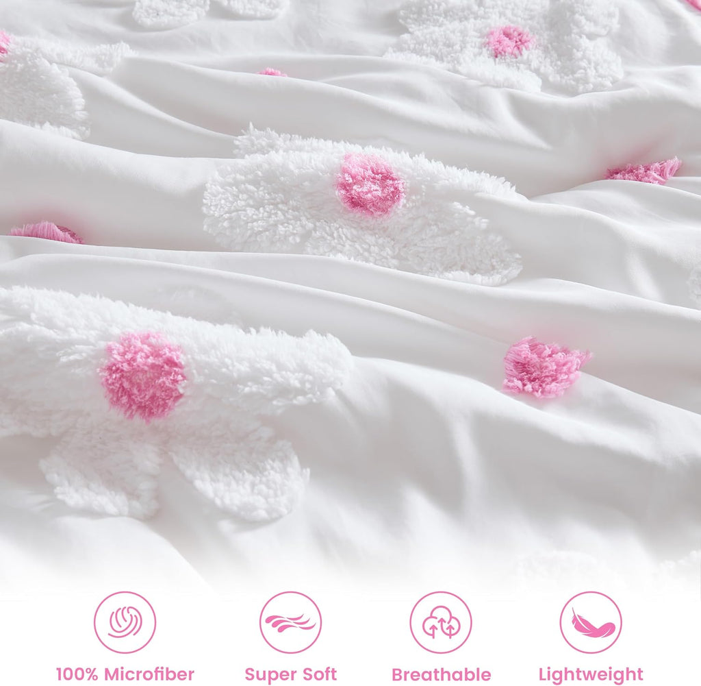 Twin Comforter Set for Girls 2 Pieces Tufted Daisies Flowers Pink Floral Twin Girls Bedding Sets Bed in A Bag Cute
