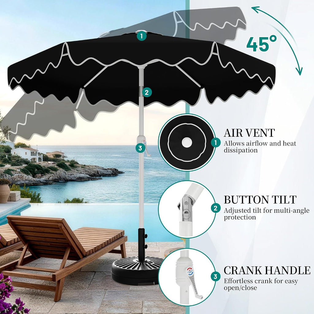 Patio Umbrella with Wavy Trim, UV-Fade-Resistant Canopy, Crank & Tilt - Black 7.5ft