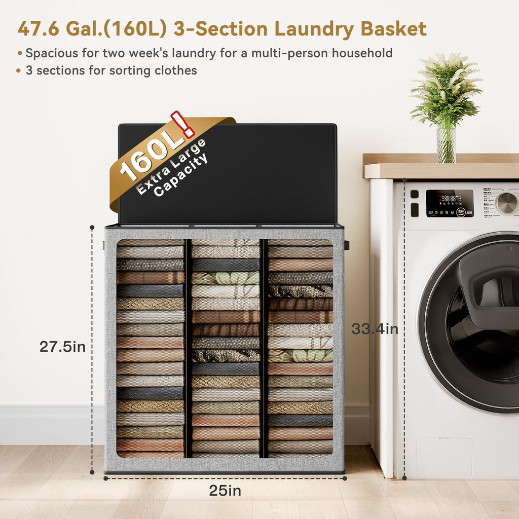 160L Laundry Hamper 3 Section, Extra Large Laundry Hamper with Lid, Dirty Clothes Hamper with Sturdy Handle, Large