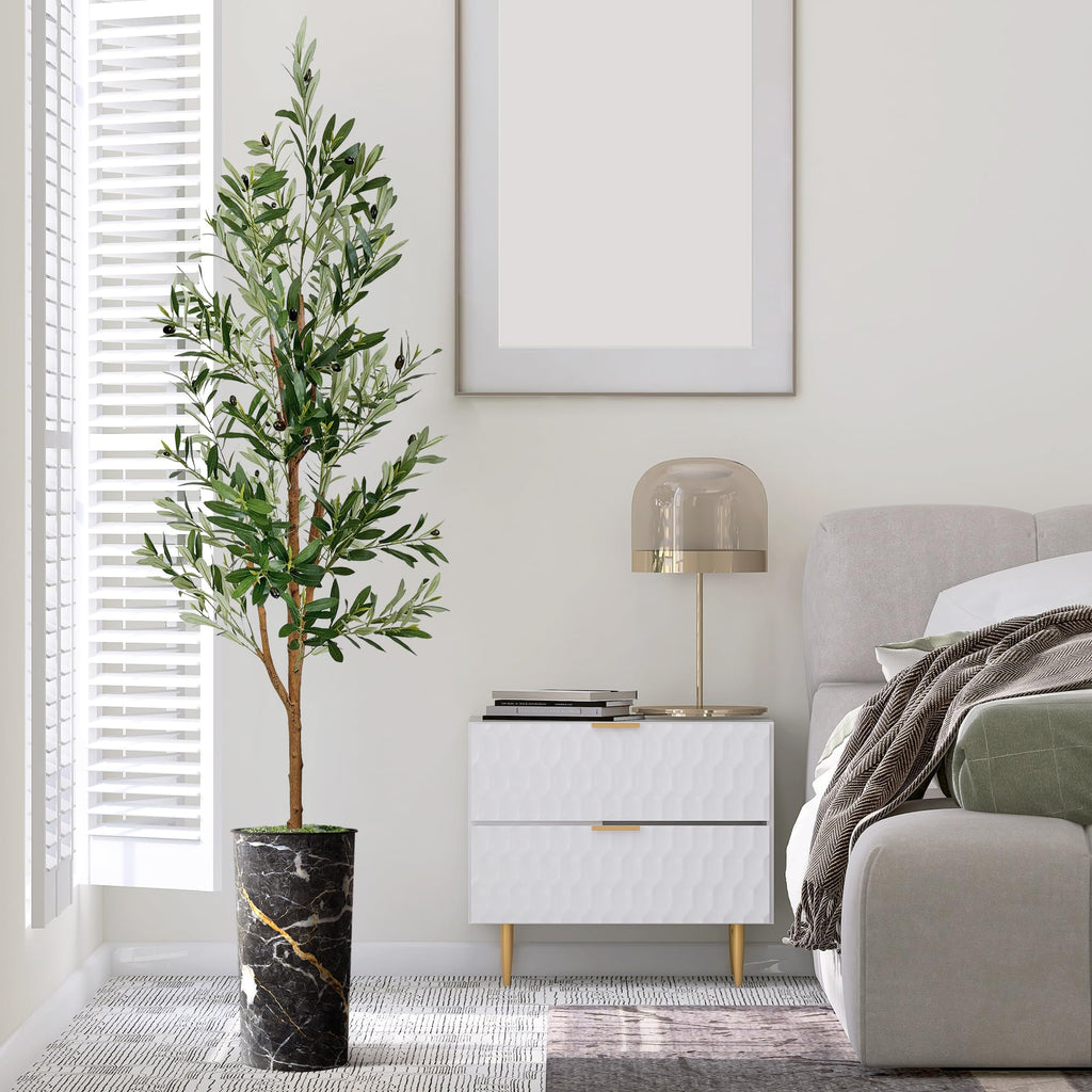 Artificial Tree in Granite Effect Planter, Fake Olive Tree for Indoor and Outdoor Home Decoration - 68" Overall Tall