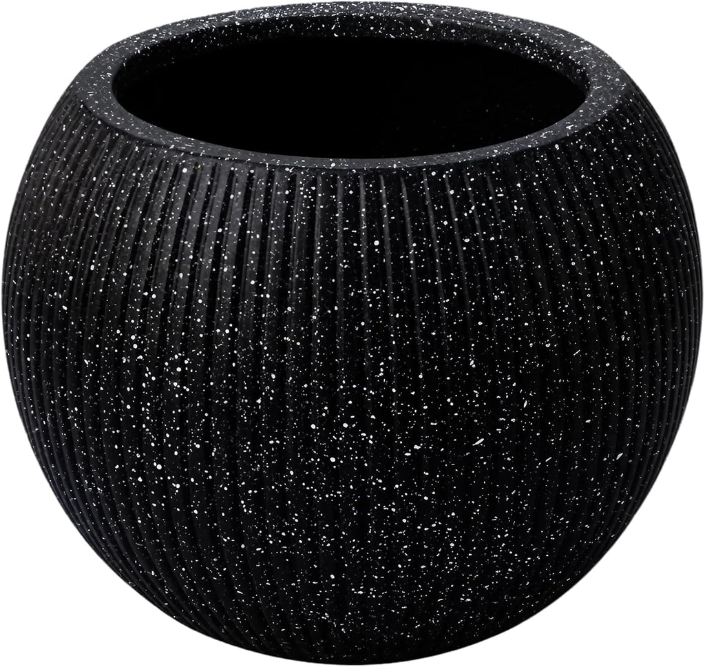 Marlo Fiberstone Round Planter, Ribbed Finishes (L, Black) | Lightweight, UV & Crack Resistant, Modern Minimalist