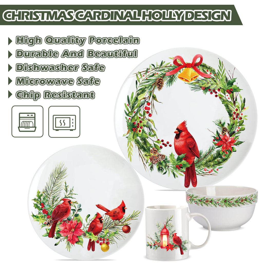 16 Pcs Christmas Cardinal Dinnerware Set Floral Dinnerware Ceramic