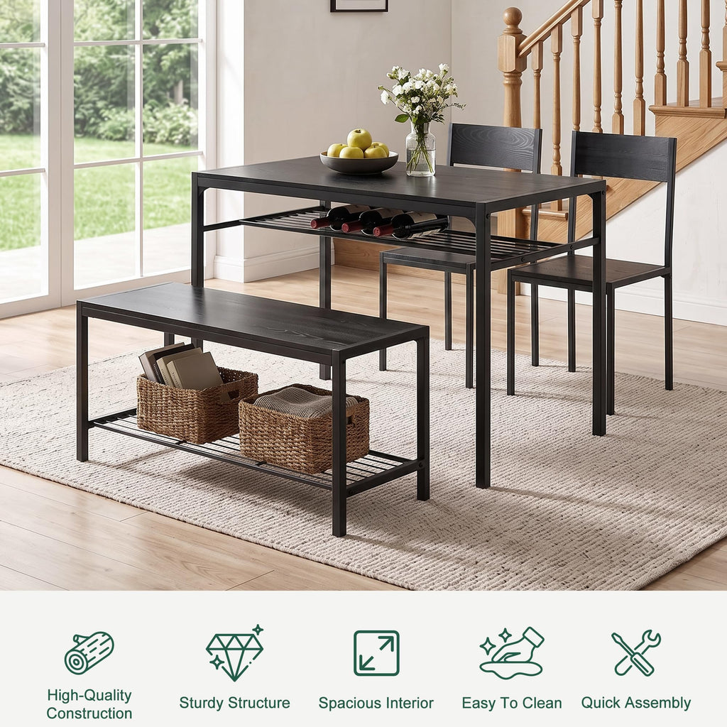 Kitchen Dining Room Table with 2 Chairs & Bench, Compact Space-Saving Design, Easy Assembly Steel Frame, Perfect for