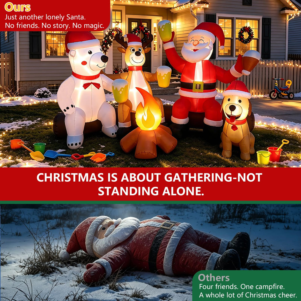 8FT Christmas Inflatable Outdoor Decoration with Built-in LEDs Lights, Blow-Up Santa Claus, Bear and Deer Keeping