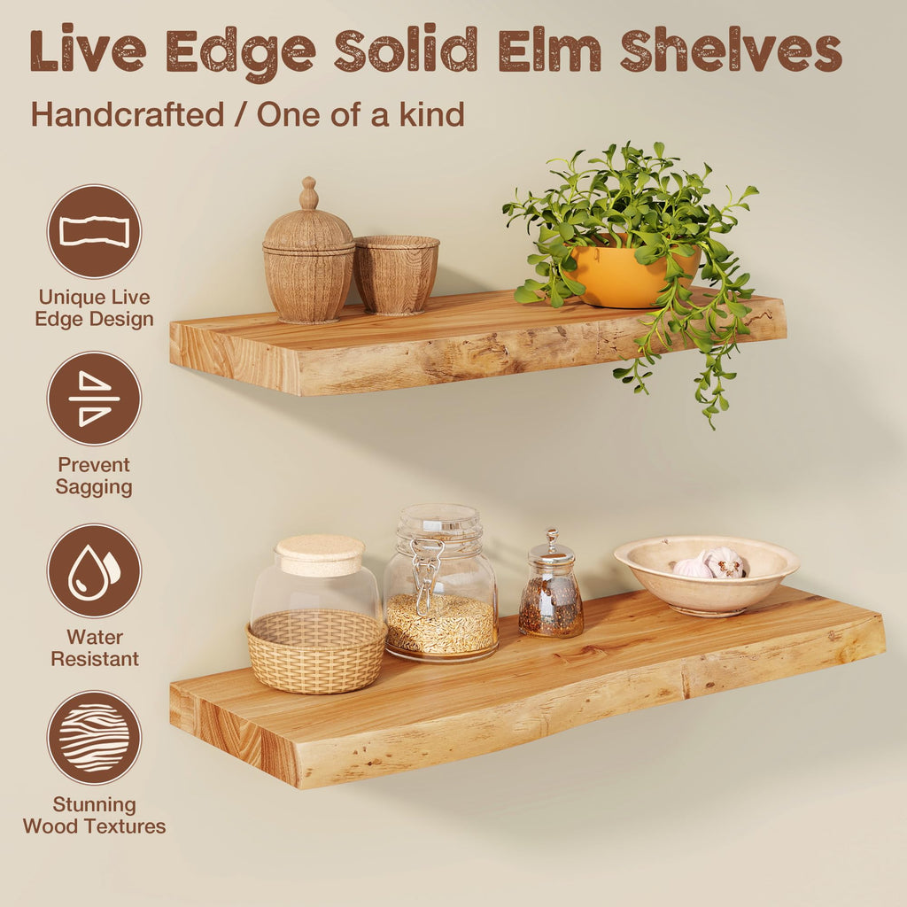 Live Edge Floating Shelves for Wall, 55 Inch Solid Elm Wood Shelves