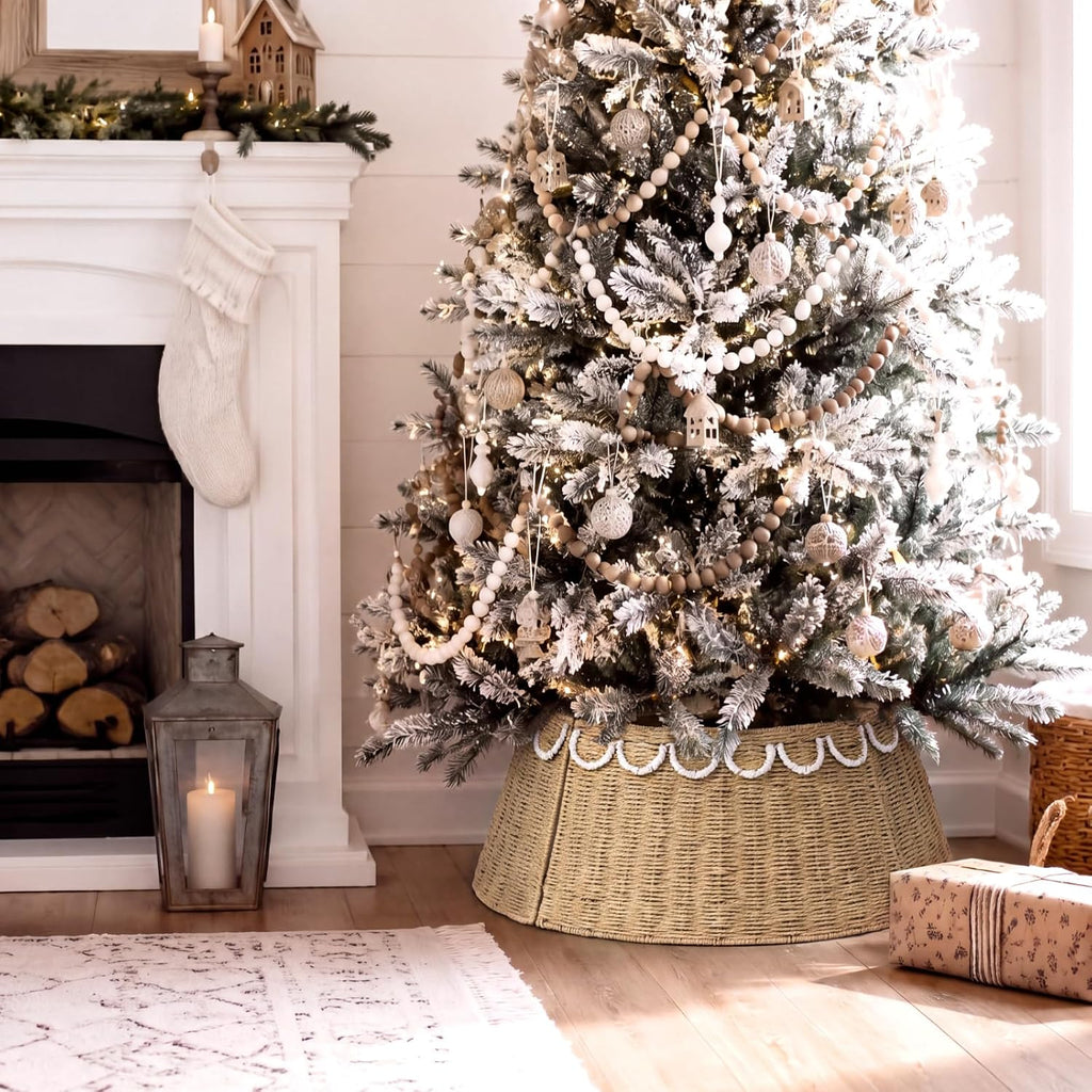 26inch Woven Rattan Scallop Christmas Tree Collar Rustic Tree Ring