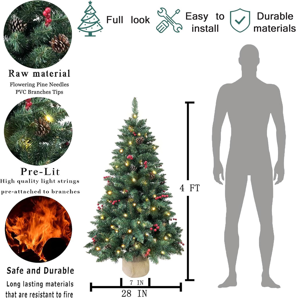 4ft Pre-lit Christmas Tree,Artificial Pine 300 PVC Branches Tips with 20 Red Berries & 20 Pinecone & 100 LED Lights &