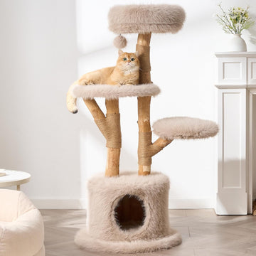 54" Modern Aesthetic Cat Tree Tower for Indoor Cats with Branch-Style Natural Wood Scratching Posts, Luxury Plush