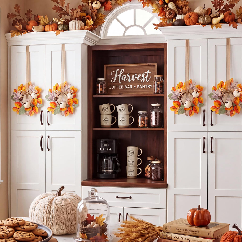 6 Pcs 9 Inch Mini Fall Wreaths with Bow Ribbon Cabinet