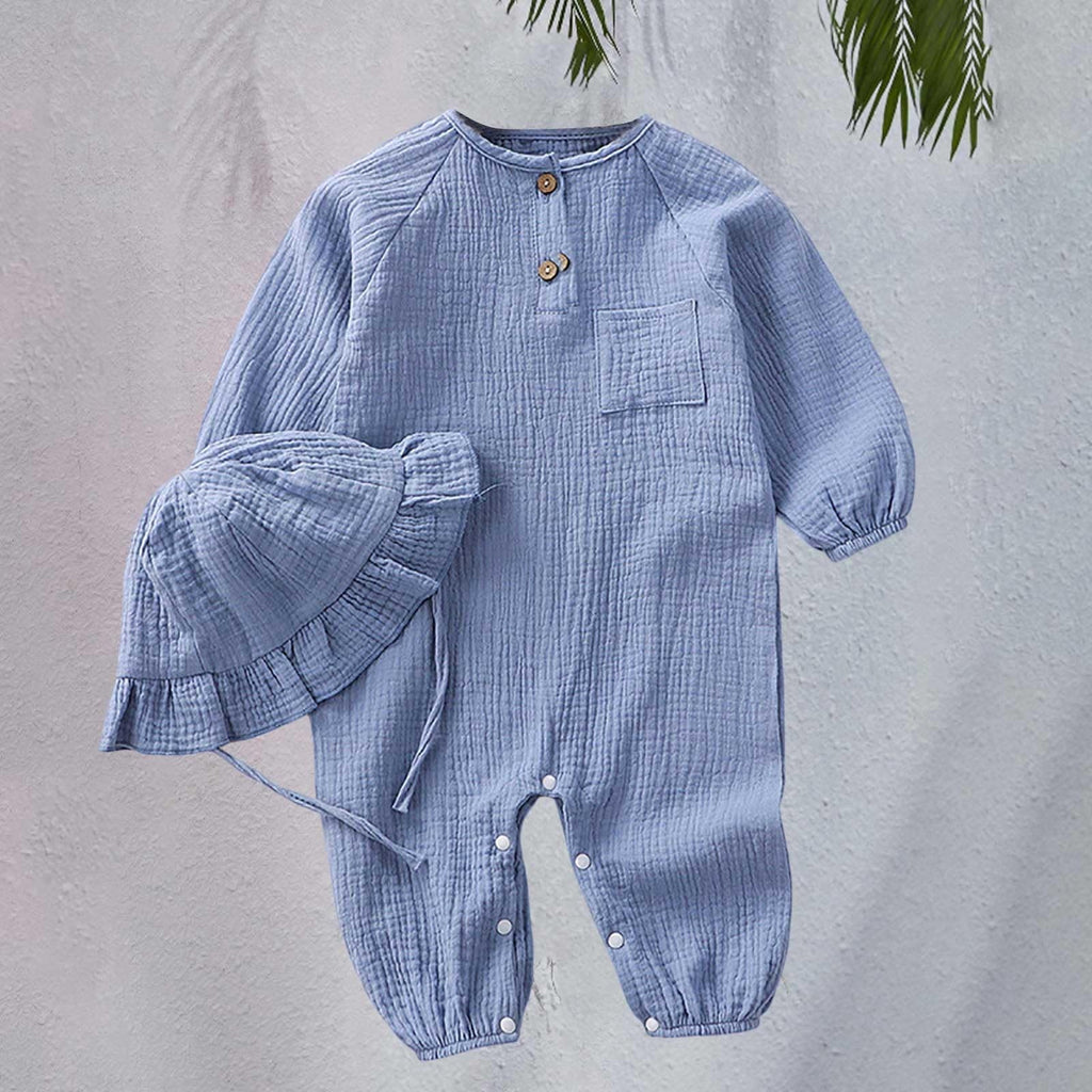 Newborn Clothes Newborn Girls Muslin Cotton Romper With Hat Long Sleeve Gauze Jumpsuit Breathable Summer Outfit Baby