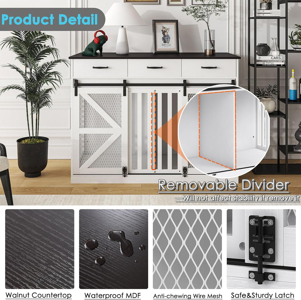 Dog Crate Furniture with Sliding Barn Door & 3 Storage Drawers