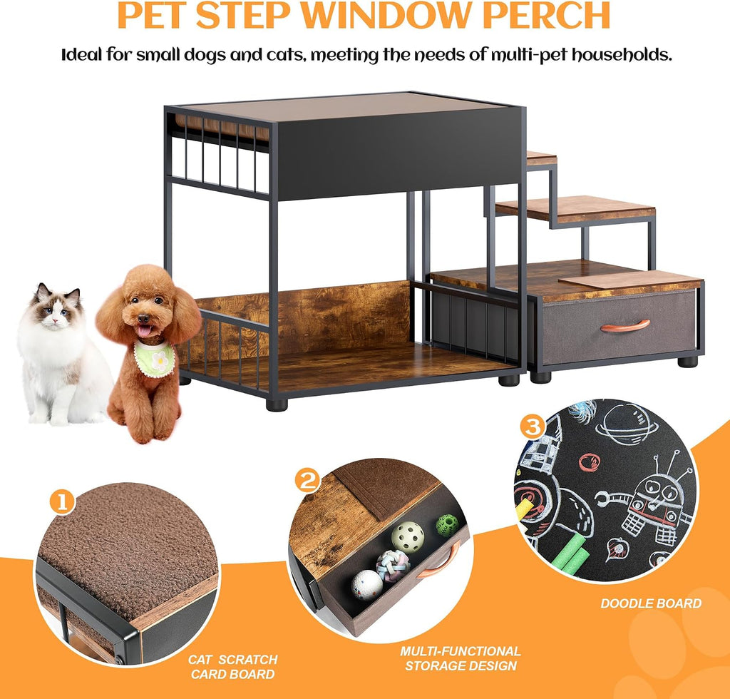 Pet Step Window Perch, Bunk Beds Window Perch for Dogs Bedside Lounge Elevated Dog Bed Multi-Level Platform