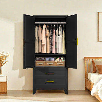 Black 71" Metal Armoire Wardrobe Closet, Bedroom Clothing Storage Cabinet with 2 Drawers and Hanging Rod