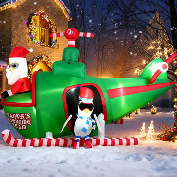 8ft Wide&5.5ft Tall Christmas Inflatable Outdoor Decorations, Blow up Yard Decor with Santa Claus to Fly a Helicopter