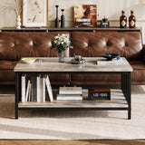 Coffee Table with Slatted Sides Frame, Modern Farmhouse Living Room Table with 2-Tier Storage Shelf, 39 ...