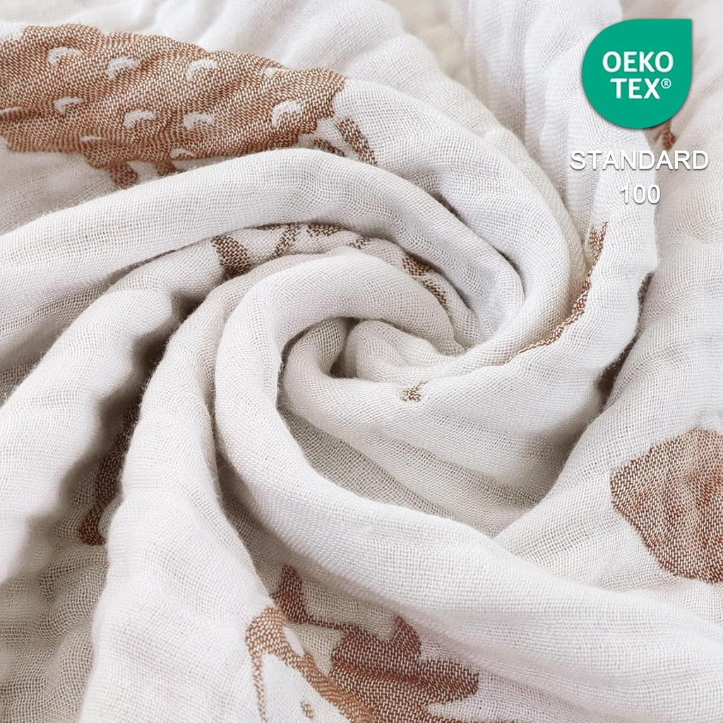 Ultra Soft Muslin Baby Blanket 6 Layers Neutral Swaddles Bed Blankets with Lovey Animal Design for Newborn Babies