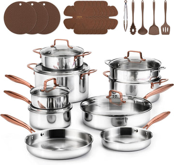 30 PCS Tri-Ply Stainless Steel Cookware Set Pots and Pans Set | Non Toxic Induction Kitchen Cooking Sets,Oven &