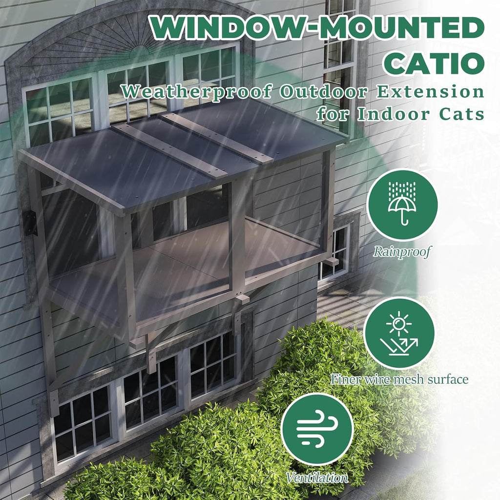 Catio Cat Window Box, Wooden Cat Catio for Indoor Cats, Window Enclosure for Sunbathing, Napping, Overlooking, Keeps