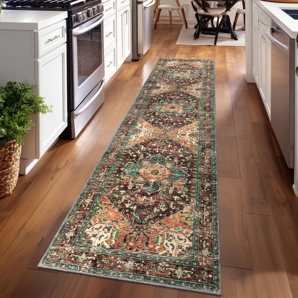 Washable Runner Rug, 2x8 Non-Slip Boho Vintage Hallway Rug Runner with Rubber Backing, Stain Resistant & Low Pile