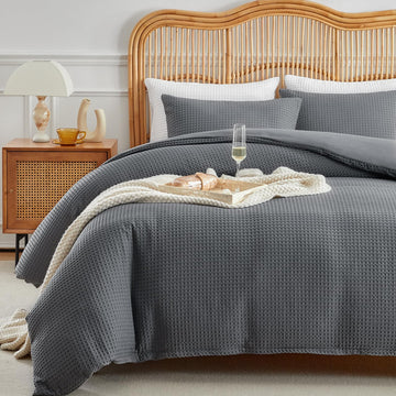 Waffle Weave Grey Duvet Cover Set, Textured, 2-Piece